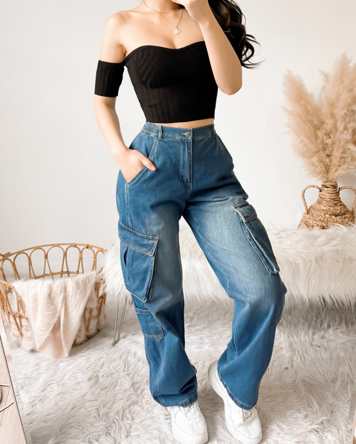 DELILAH HIGH WAISTED CARGO JEANS (LIGHT WASH)