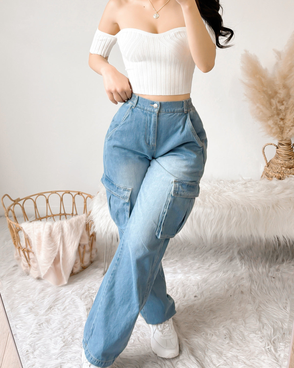 DELILAH HIGH WAISTED CARGO JEANS (LIGHT WASH)