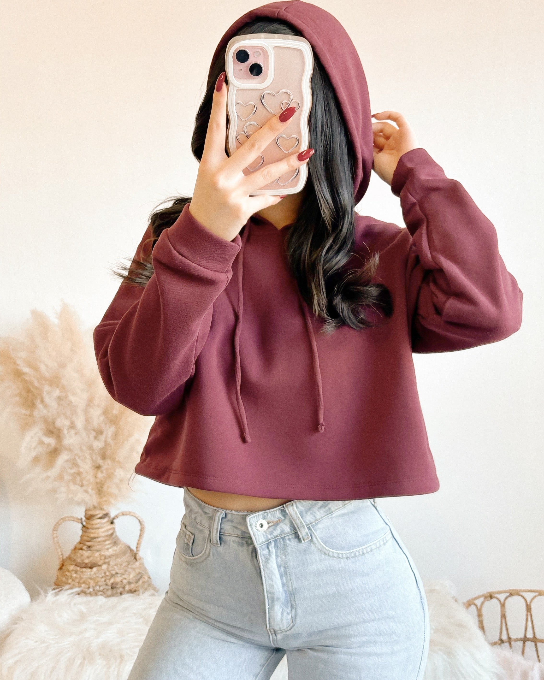 Burgundy crop top hoodie sale